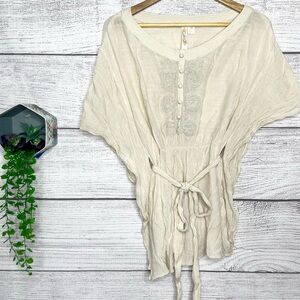 Adiva Cream Embroidered Boho Gauzy Belted Kimono  Top Size Medium